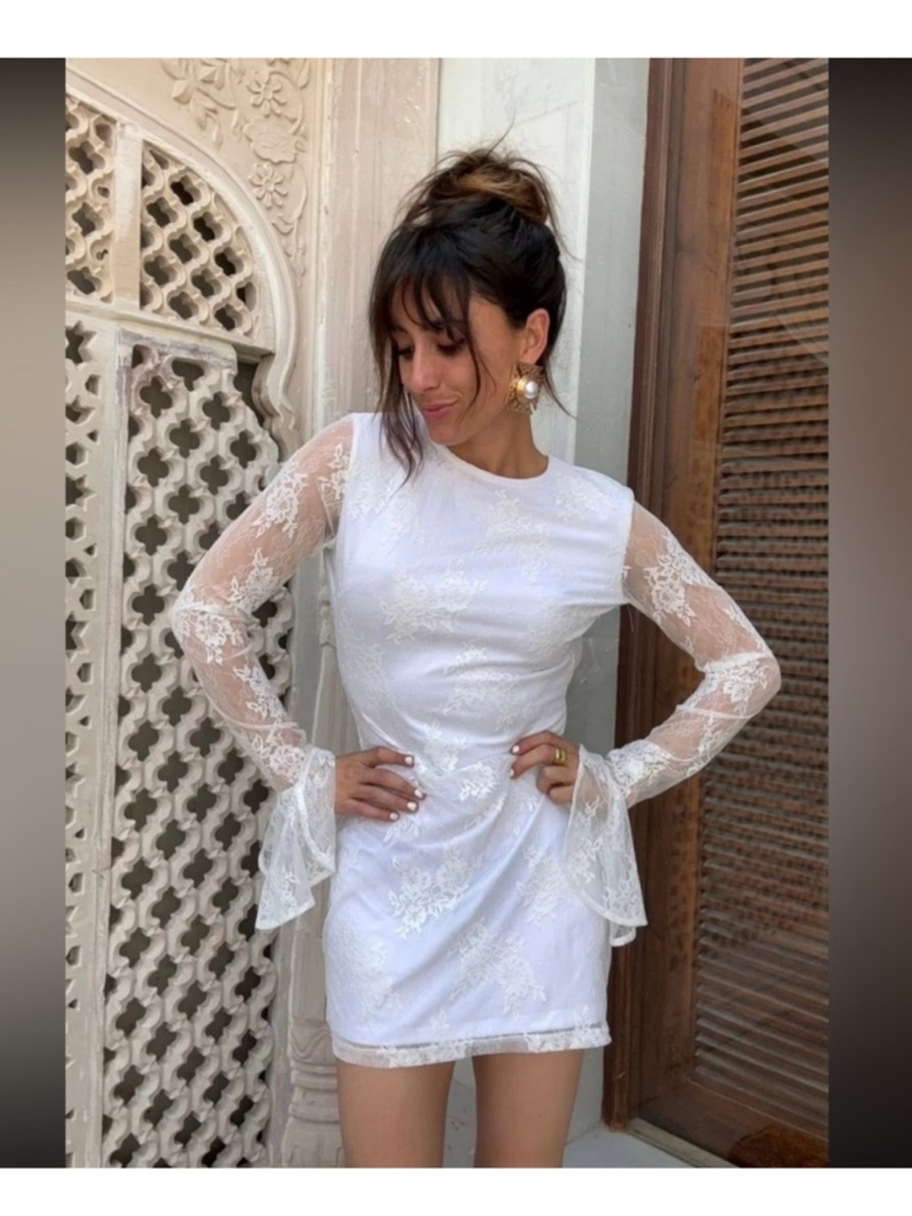 White Lace Long-SleeveDress with Sheer Bell Sleeves